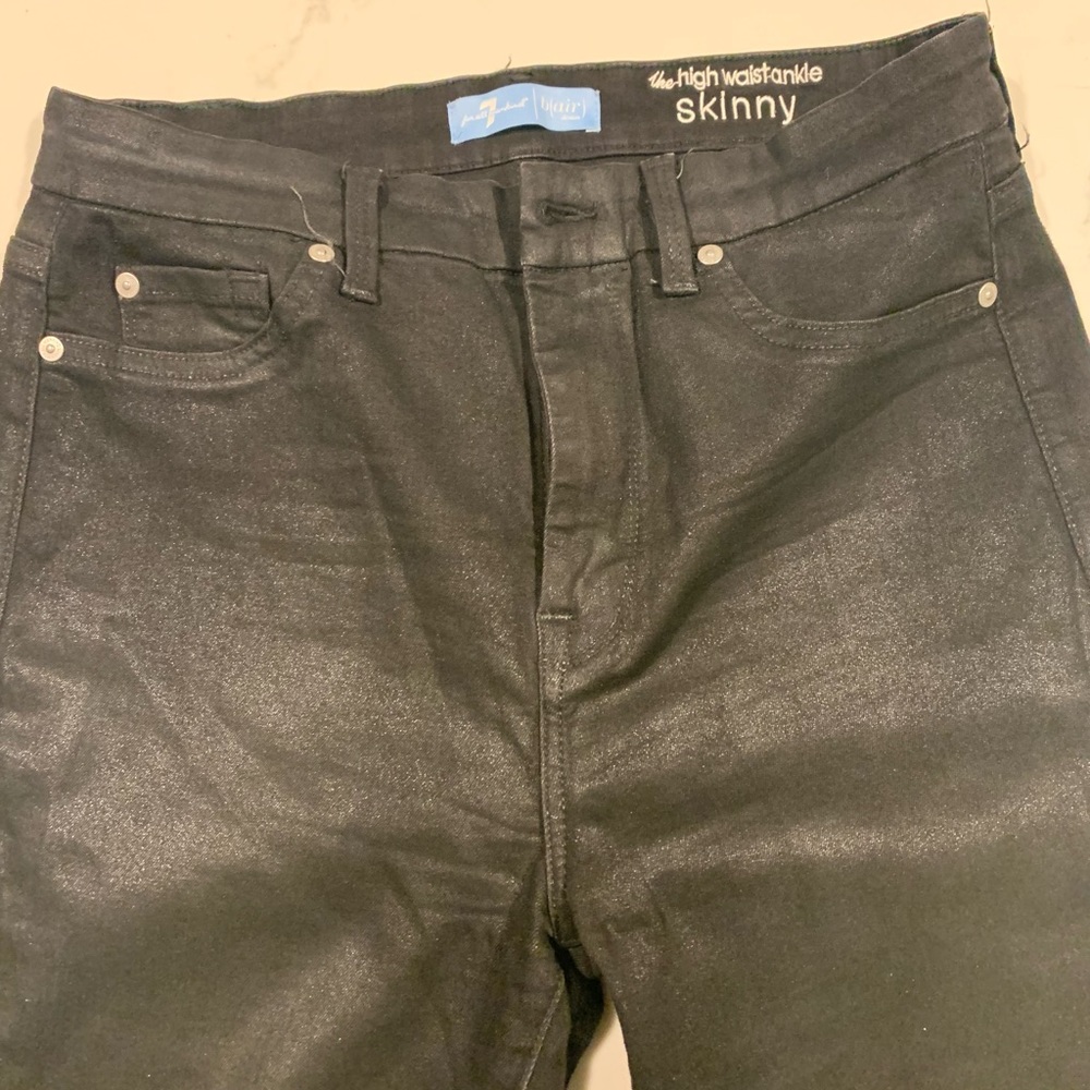 7 for all mankind, high-waist, skinny, ankle coated black denim. Size 30